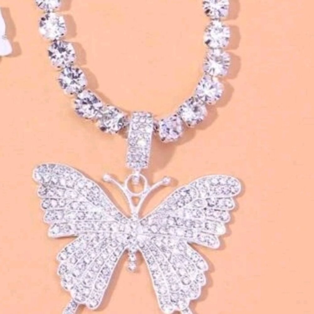 Rhinestone necklace with butterfly pendant